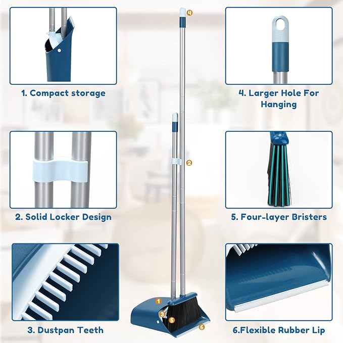 Standing Dustpan and Broom Set with 52 Long Extendable Handle for Home Indoor Kitchen Room Office Lobby Floor Cleaning