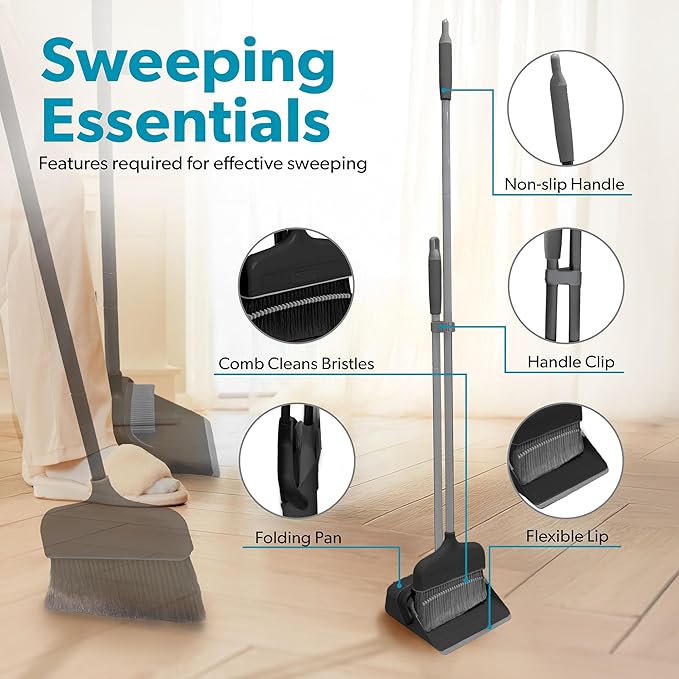 BLACK+DECKER Butler Broom &amp Dustpan Set - Stand-Up Design - Lightweight Space-Saving Combo for Kitchen Living Room Bathroom Lobby Floors - Home Cleaning Essential Black/Grey