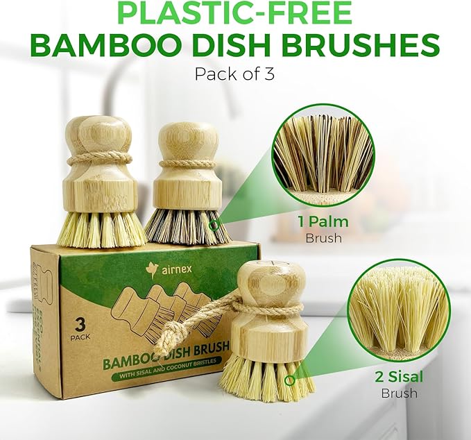Bamboo Dish Brush Set of 3 - Natural Wooden Dish Scrubber w/Medium Stiff Sisal &amp Coconut Bristles - Kitchen Scrub Brush for Dishes Pots &amp Pans - Plastic Free Non Scratch Bristles