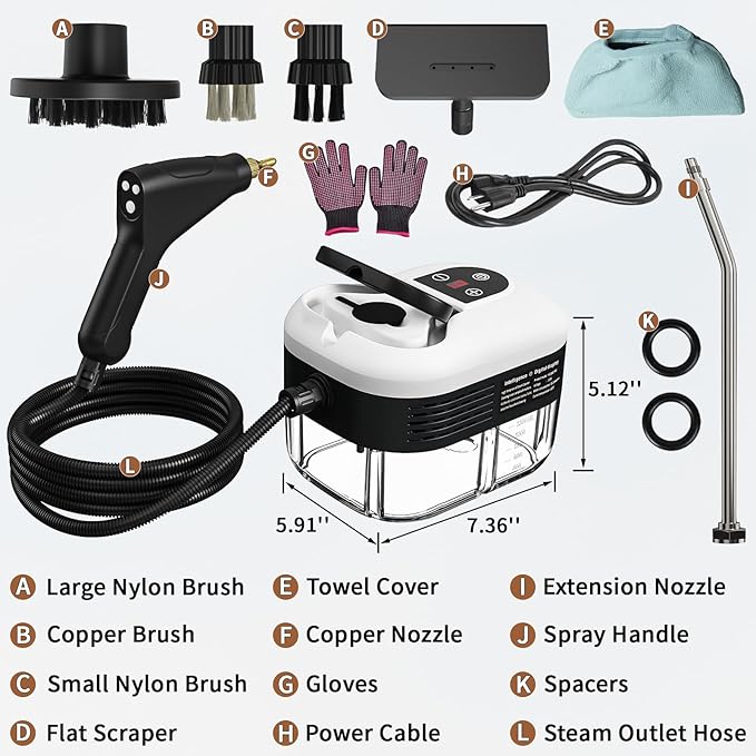 Portable Steam Cleaner 2500W Pressurized Handheld Steam Cleaner with 1.2L Water Tank 6 Levels Steam Output 15s Fast Heating Steamer for Cleaning Home Furniture Bathroom Car Detailing (White)