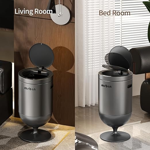 Mrbin Stainless Steel Motion Sensor Trash Can with Lid 5.3 Gallon Wine Glass Shaped Automatic Waste Basket Touchless Smart Round Tall Garbage with High Leg for Office Bedroom Kitchen Eclipse Grey