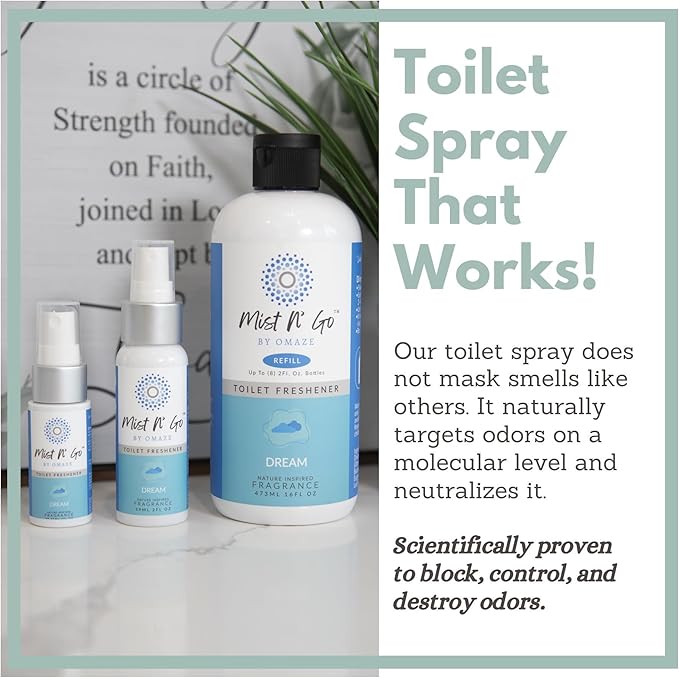 Mist N' Go by OMAZE Bathroom Odor Spray for Toilet Spray Refill Bottle - Multitasking Toilet Spray - Bathroom Spray Odor Eliminator for Strong Odors | Dream 16oz (2 Pack)