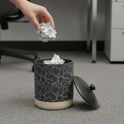 Escenzy Textured Luxury Stone Bathroom Trash Can with Lid 5L | 7 x 10 | High End Ceramic Trash Can | Decorative Waste Basket for Bathroom Bedroom Kitchen Hotels or Living Room Decor | Ideal Gift