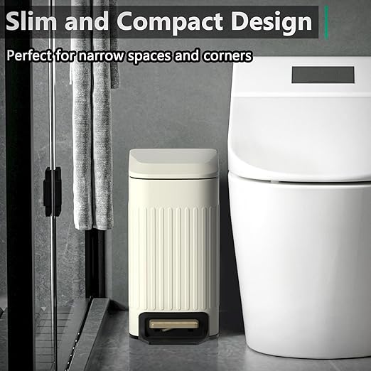 Small Bathroom Trash Can with Lid Soft Close-6L/1.6 Gal Slim Step Garbage Can-Metal Pedal Wastebasket-Narrow Rectangle Garbage Container Bin for Corner Office Bedroom Toilet Live Room-Beige