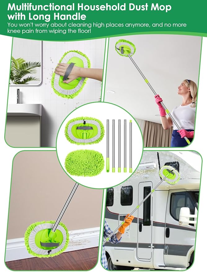 2 in 1 Lightweight Wall Cleaner Mop with Long Handle 75 190cm Ceiling Duster Lint-Free Chenille Fiber Mop for Kitchen Baseboard Floor Glass Window Roof Cleaning Washer Scrubber Brush Tool Wet Dry Use
