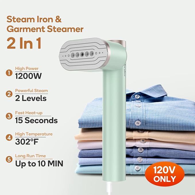Newbealer Steamer for Clothes 1200W Portable Steam Iron 2 Steam Levels Horizontal and Vertical Steaming Dry Ironing 15s Heat Up Rotatable 302°F Garment Wrinkle Remover Green (120V Only)