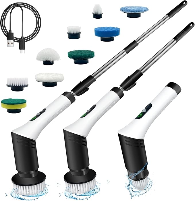 Spin Scrubber9-In-1Multifunctional Cleaning Brush with Detachable Handle9 Replaceable Brush Heads&ampLCD DisplayRechargeable Electric Spin Scrubber for BedroomBathroomKitchenCar
