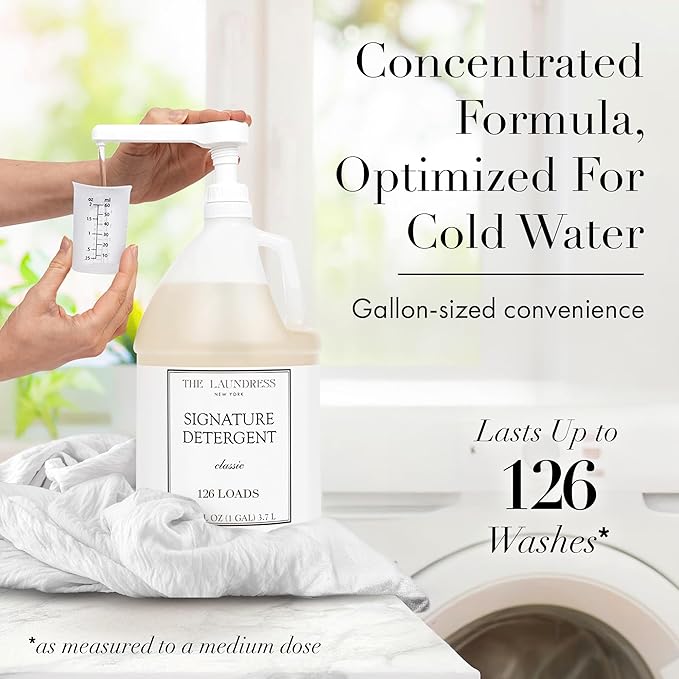The Laundress Luxury Laundry Detergent Gallon Pump 126 Loads Scented Signature Classic Fragrance Concentrated Triple Enzyme Deep Cleaning and Targeted Stain Remover 96% USDA Biobased Product