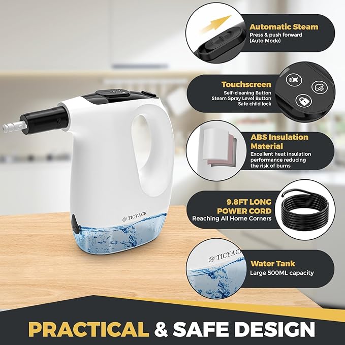 Handheld Steam Cleaner 15S Rapid Heating 3 Adjustable Modes 14 Cleaning Kits Steam Cleaner for Home Kitchen Bathroom Car(White)