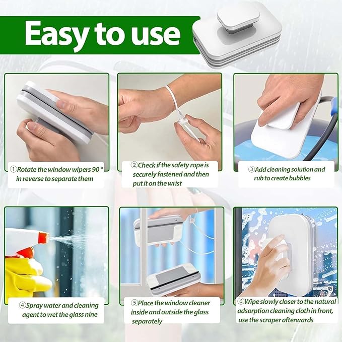 2026 Upgraded Magnetic Windshield Cleaner Tool Windshield Magnetic Car Window Cleaner Double-Sided Window Cleaner for Car &amp High-Rise Single/Double Layer Glass with 6 Cleaning Pads (3-10mm-B)