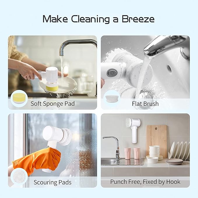 Electric Spin Scrubber Electric Cleaning Brush Cordless Power Scrubber with 5 Replaceable Brush Heads Handheld Rechargeable Shower Scrubber for Grout/Bathtub/Toilet/Window/Kitchen/Sink/Dish/Floor/Wall