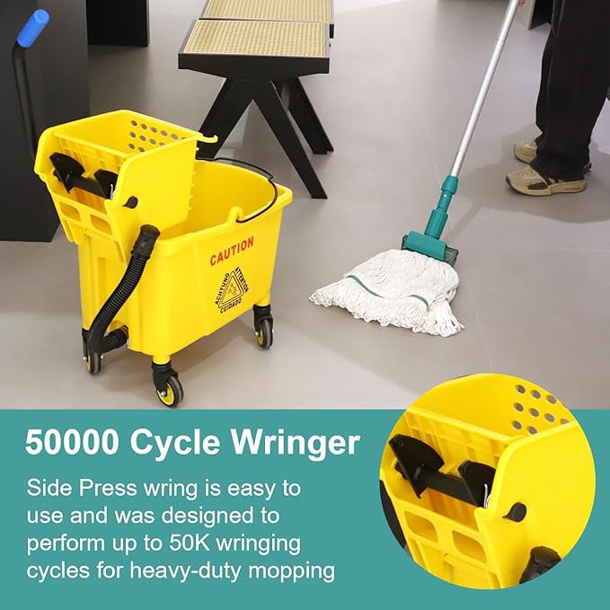 Side Press Wringer Combo Commercial Mop Bucket on Wheels 35 QuartYellow Including Commercial Mop and Rubber Gloves
