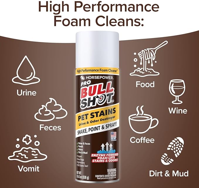Bull Shot Pet Pro Stain Remover AS SEEN ON TV Urine &amp Odor Emulsifier Enzyme-Powered Professional Strength Foam for Urine Feces Vomit Odors Dirt On Carpet Area Rugs Upholstery Old Stains