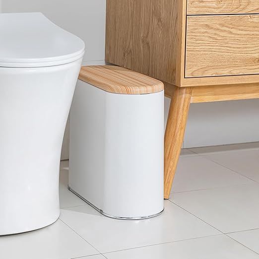 Small Bathroom Trash Can with Lid 10L/2.6 Gal Slim Wastebasket - Odor &amp Pet Proof Inner Bucket &amp Wood Grain Top Plastic White Garbage Can for Kitchen Bedroom Living Room Office RV