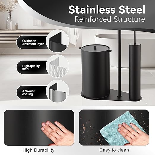 BVL Bathroom Trash Can with Toilet Paper Holder &amp Toilet Brush Stainless Steel Matte Black 1.32 Gallon Wastebasket with Lid Space-Saving Bathroom Accessories