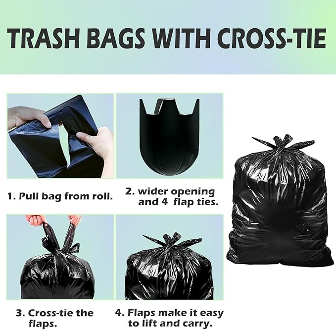 65 Gallon Trash Bags Heavy Duty 1.2 Mil 60 Count Bulk with 4 Innovative Flap Ties | Compatible with Rubbermaid Brute 65 Gallon Rollout Trash Can Bin | Tear &amp Leak Resistant Black