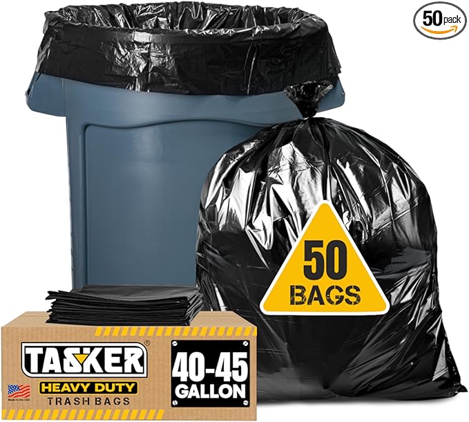 Tasker 40-45 Gallon Trash Bags (50 Bags w/Ties) Large Black Heavy Duty Garbage Bags - fits 39 Gallon - 40 Gallon - 42 Gallon - 44 Gallon