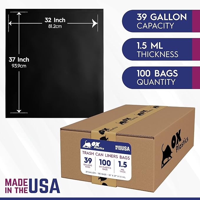 OX Plastics Black Trash Bags - Heavy Duty Garbage Bags Extra Thick Unscented Large Trash Can Liners for Home Outdoor and Commercial Use - 39 Gallon 100 Count
