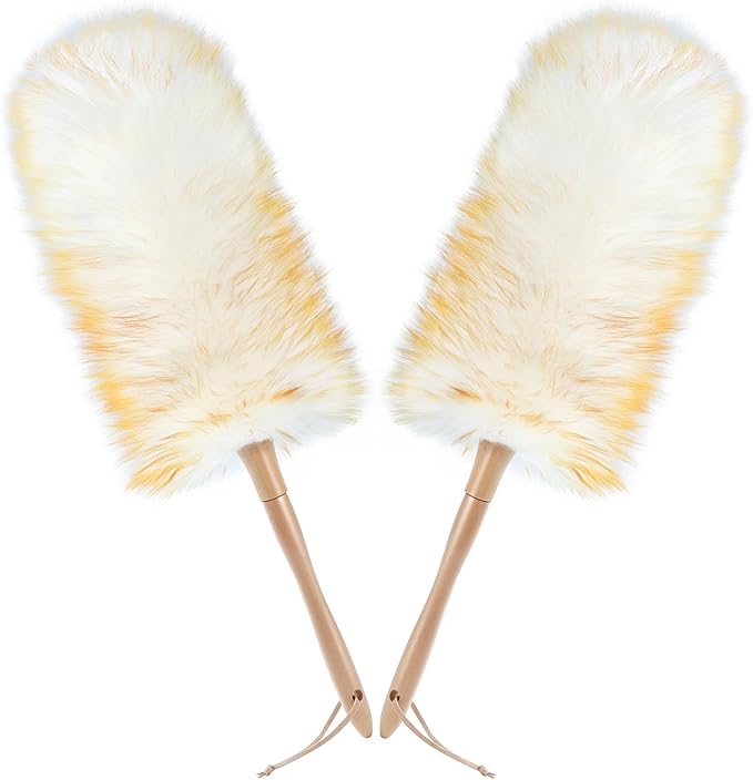 ONESIMUS 2 Pack Lambswool Dusters Fluffy Handheld Natural Feather Duster 11 inch Washable Reusable Wool Dusters with Solid Wooden Handle for Cleaning Ceiling Fan Interior &amp Car etc