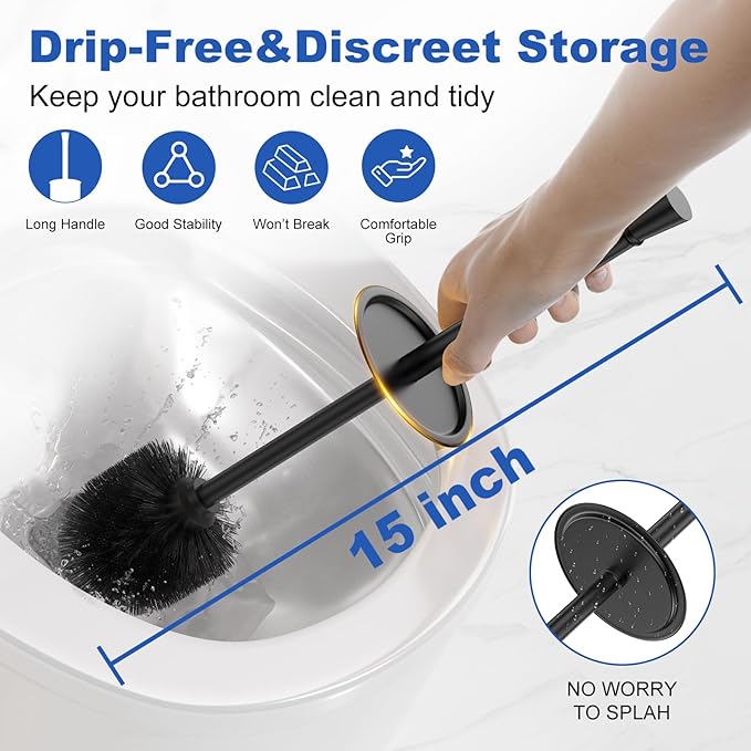 Toilet Brush and Holder Set：304 Stainless Steel Heavy Duty Toilet Bowl BrushRemovable Inner Bowl and Splash ProtectionBathroom Toilet Brush-Dense Bristles for Through Cleaning
