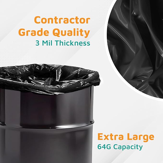 PlasticMill 64 Gallon Contractor Bags: Black 3 Mil 50x60 10 Bags.