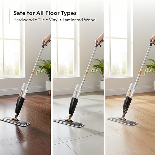 OVENTE Microfiber Spray Mop for Floor Cleaning with Refillable Bottle Washable and Reusable Pad 360° Spin Flat Cordless Wet Scrubber for Hardwood Ceramic Laminate and Vinyl Tiles Black CTM121BGD