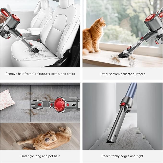 Cordless Vacuum Cleaner Powerful Stick Vacuum with Green Light Anti-Tangle Brush Removable Battery 6-in-1 Lightweight Handheld for Pet Hair Carpet &amp Hard Floors Red