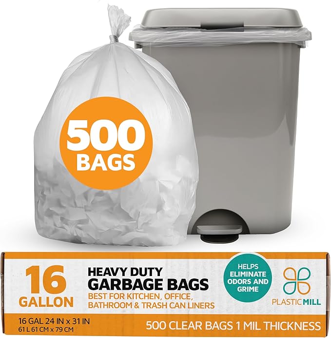 PlasticMill Heavy Duty Trash Bags - Clear Garbage Bags - Plastic Trash Bags - Kitchen Bathroom Office Garbage Bags Trash Can Liners - 12-16 Gallon 1 Mil 24x31 (500-Count)