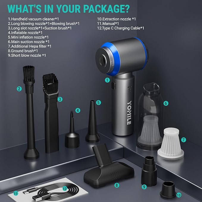 Mini Vacuum Cleaner 2 in 1 27000PA Brushless Car Vacuum &amp250000RPM Air Duster 9000mAh Battery Air Blower Wireless Handheld Vacuum for CarOffice and Home