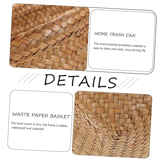 Healifty Straw Woven Wastebasket Medium Handwoven Household Waste Can for Office Bedroom Bathroom Home Rustproof Rubbish Container with Neat Edges for Easy Waste Paper Disposal Random Color