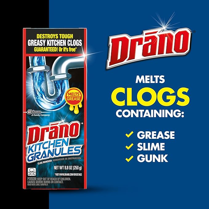Drano Kitchen Granules Drain Clog Remover and Cleaner Unclogs Blockage from Grease or Cooking Oil 8.8 oz (Pack of 3)