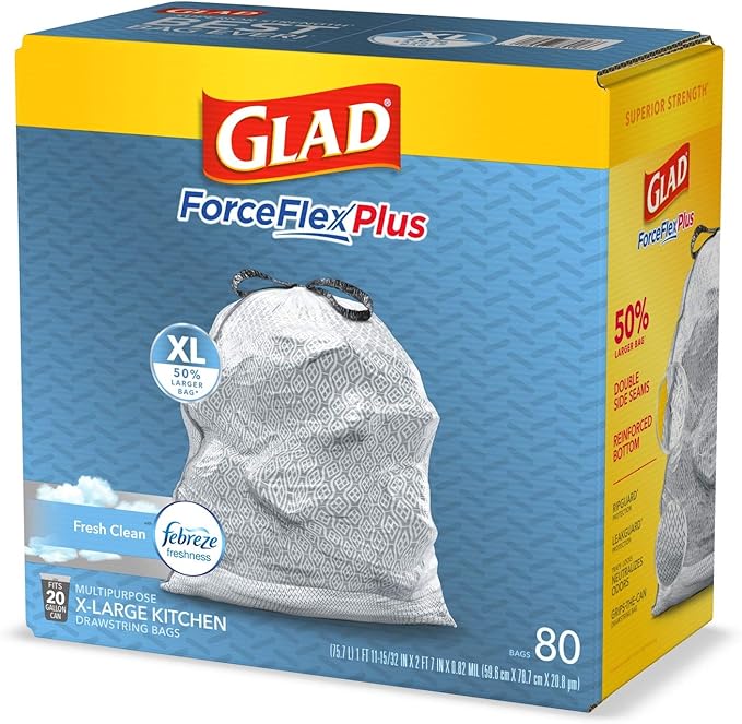 Glad Trash Bags Force Flex Kitchen Pro Drawstring Garbage Bags Fresh Clean 80 Count