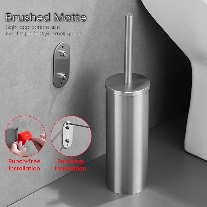 Brushed Stainless Steel Toilet Brush and Cover No-Punch Hook Base Dual Purpose Toilet Brush Holder with Removable Inner Bucket and Splash Cover - Soft Bristles (Brushed)