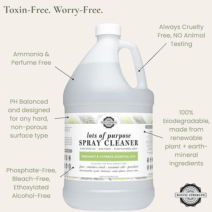 Rustic Strength Lots of Purpose Spray Cleaner Bergamot &amp Cypress Multi-Surface pH Balanced Non-Toxic Biodegradable 1 Gallon Plastic