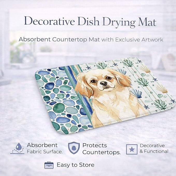 Caroline's Treasures Cream Tibetan Spaniel Coastal Sea Glass Dish Drying Mat Absorbent Dish Drying Mat Pad for Kitchen Counter Dish Drainer Mat for Countertop 14 x 21 Multicolor