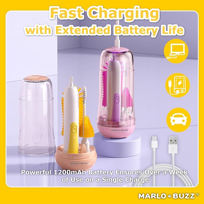 Marlo &amp Buzz Electric Baby Bottle Brush Cleaner Set Rechargeable Waterproof Silicone Brushes with Large Bottle Brush Nipple Brush Straw Brush Milk Stirrer Drying Rack (Yellow)