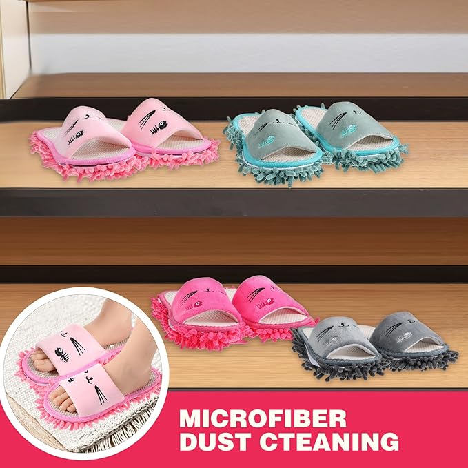 4 Pairs Washable Mop Slippers for Floor Cleaning Microfiber Slippers Floor Cleaning Mop Shoes Anti-Slip Detachable Funny Clean Dusting Slipper for Women Home Office Kitchen Floors Dust Dirt