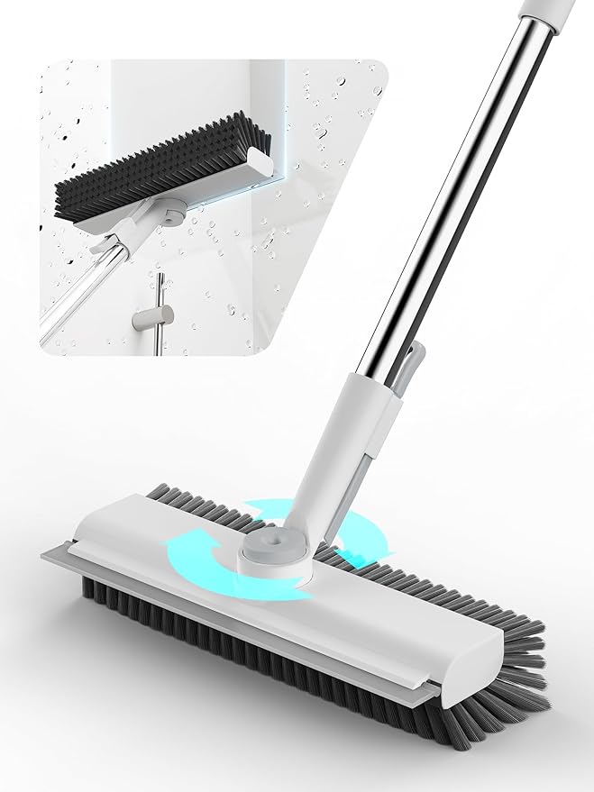 Floor Scrub Brush with Long Handle 3 in 1 Scrape and Heavy-Duty Stiff Bristle Floor Scrubber Brush with Squeegee and Tweezer for Cleaning Tile Wall Deck Bathroom Patio Garage Kitchen (White)