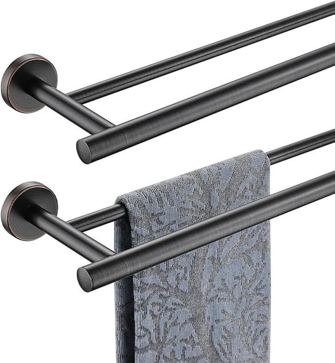 JQK Double Towel Bar Oil Rubbed Bronze 27 Inch 304 Stainless Steel Thicken 0.8mm Bath Towel Rack for Bathroom Towel Holder Wall Mount ORB Useable Length 24 Inch 2 Pack TB100L24-ORB-P2