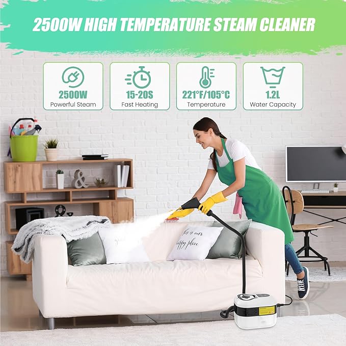 2500W Steam Cleaner for Home Use 6-level Speed Adjustable Handle 1.2L Handheld Car Steam Cleaner for Home Car Kitchen Furniture Floor High Pressure Steam Machine with 4 Brush Heads White