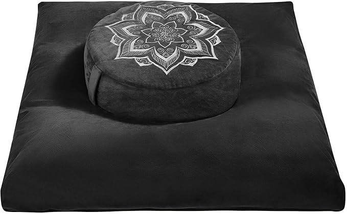 Meditation Zafu Cushion Set with Buckwheat Hulls &amp Memory Foam - Ergonomic Support for Yoga &amp Sitting - Removable Machine-Washable Luxury Velvet Cover - for Adults and Kids (Black)