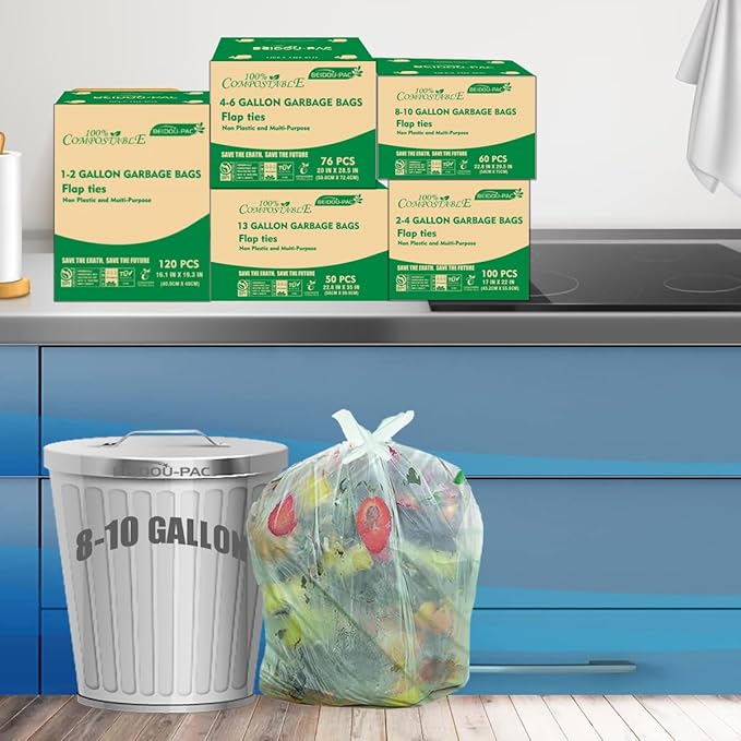 8-10 Gallon Flap Tie Compostable Trash Bags 240 Count Compost Bags Kitchen Trash Bags Sturdy Biodegradable Garbage Bags Food Scrap Waste Bags ASTM D6400 US BPI Certified Green