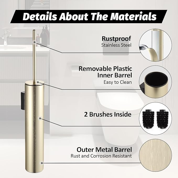 BGL Toilet Brush and Holder Set Brushed Gold Wall Mounted for Bathroom Round Design