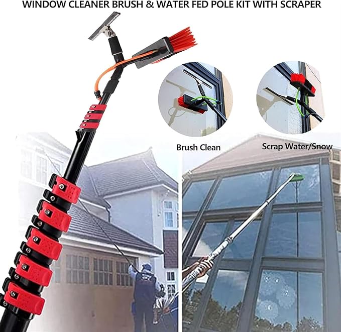 Water Fed Window Cleaning Brush Kit Telescopic 3.6-11M Aluminum Poles Extendable Outdoor Window Cleaner with Spray Washer for Glass &amp Solar Panels