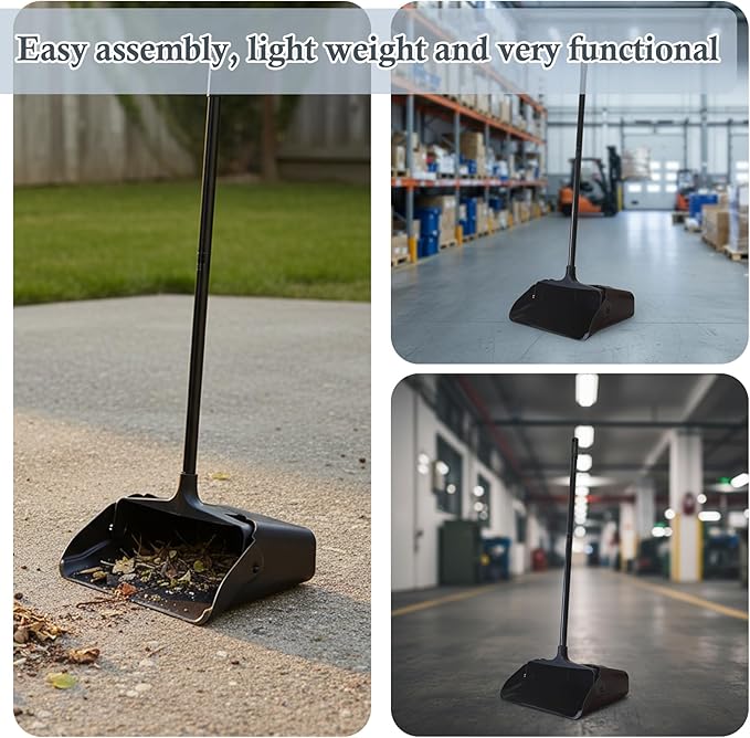 Pivoting Upright Dust Pan with Long Handle and Wheels Large Capacity Heavy Duty Commercial Dustpan for Indoor Outdoor Standing Dust Pan for Home and Restaurant Cleaning Black