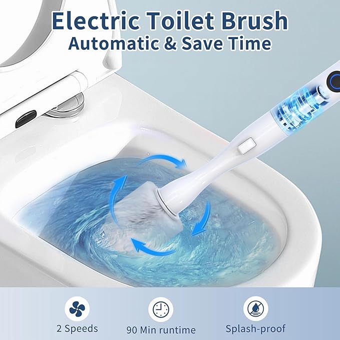 Electric Toilet Brush HKFIF Toilet Brush and Holder Set 360 Degree Powerful Cleaning Easily Eliminate Stains and Residue 2 Speeds Rechargeable Motorized Toilet Scrubber (White)