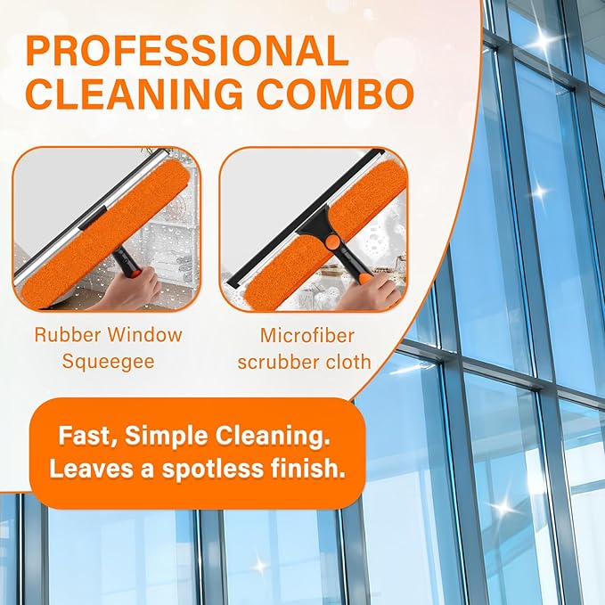 26FT Telescoping Window Cleaning Kit with 14 Squeegee - 2-in-1 Professional Window Scrubber &amp Extension Pole - Extra Long High-Reach Glass Cleaner Tool for Indoor &amp Outdoor High Windows RV