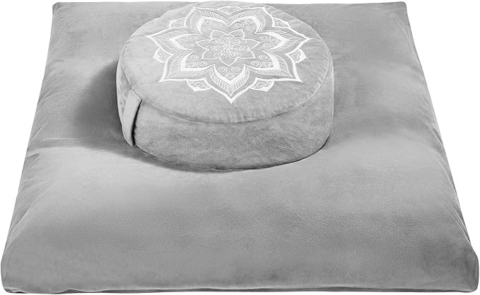 Meditation Zafu Cushion Set with Buckwheat Hulls &amp Memory Foam - Ergonomic Support for Yoga &amp Sitting - Removable Machine-Washable Luxury Velvet Cover - for Adults and Kids (Grey)