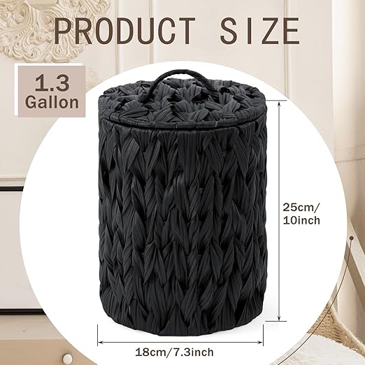 Ctosree 1.3 Gallons Small Trash Can with Lid Handle Boho Woven Braided Bathroom Waste Basket Trash Can with 100 Garbage Bags for Bedroom Office Laundry(BlackBraided PolypropyleneRound)