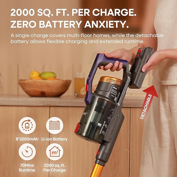KIPMAX Cordless Vacuum Cleaner 50KPa 550W Stick Vacuum for Home 70Mins Anti-Tangled Vacuum Cleaner for Pet Hair/Carpet/Floor Self-Standing Vacuum with Rechargeable Battery LED Display&ampAromathe